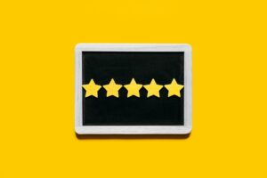 Customer Experience, Review Concept. Five yellow stars excellent rating in frame on yellow